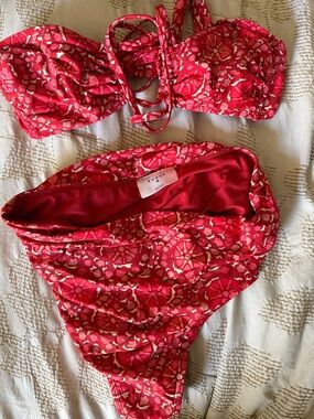 RHODE Red & Cream Floral Bandeau Bikini Set